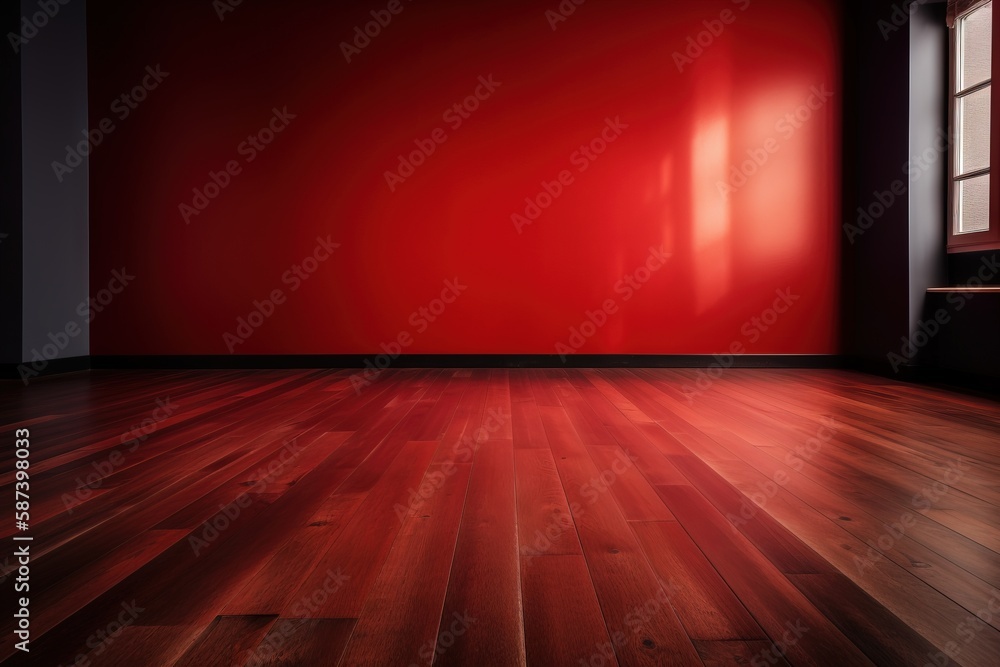 Aufkleber an empty room with a red wall and wooden floor and a window with a red curtain on the side of the ro
