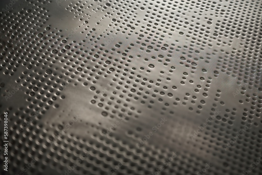 Poster a close up of a metal plate with holes in it's center and a cloudy sky in the background with clouds