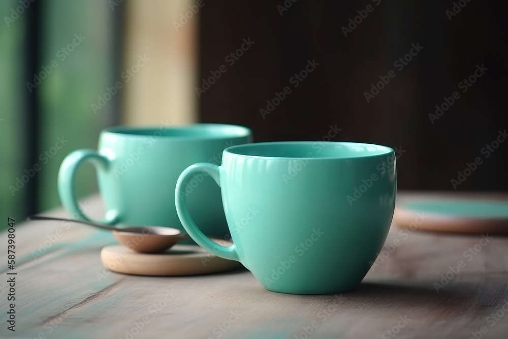 Poster two tea cups sitting on top of a wooden table next to each other on a wooden table with a spoon in f