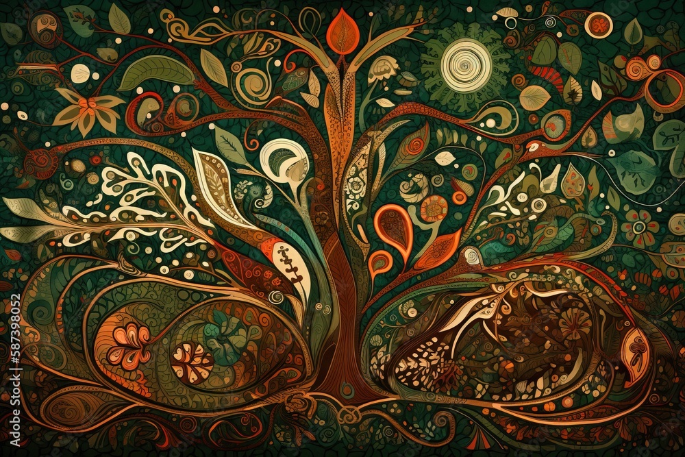Poster a painting of a tree with lots of leaves and flowers on it's branches and a bird in the middle of th