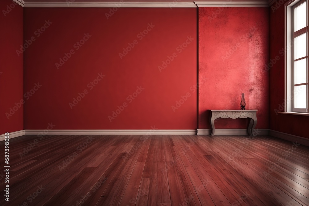 Poster an empty room with a red wall and wooden floor and a small table in the middle of the room with a wi