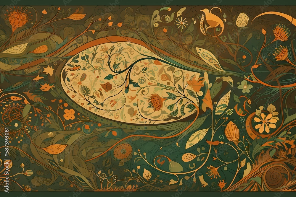 Poster a painting of a bird in a field of flowers and leaves with a green background and a green border aro