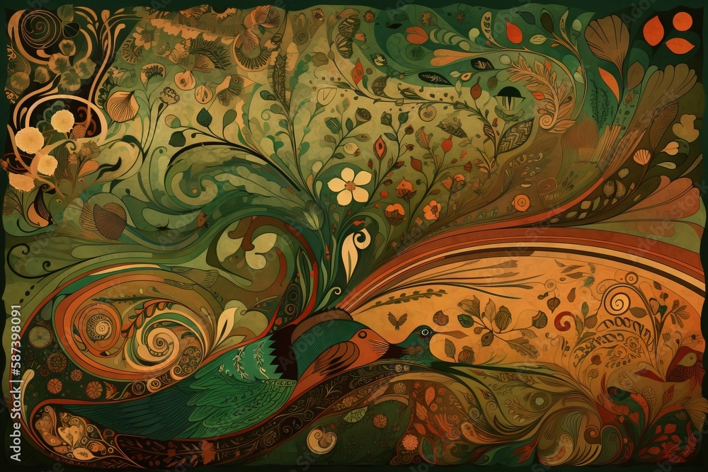 Poster a painting of a bird sitting on a tree branch with a swirly design on it's back and a green backgrou