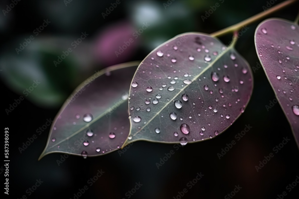 Poster a close up of a leaf with water droplets on it's leaves are shown in the foreground and the backgrou