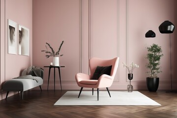  a living room with pink walls and a white rug on the floor and a pink chair with a black pillow on the back of it.  generative ai
