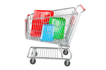 Shopping bags inside shopping cart, 3D rendering