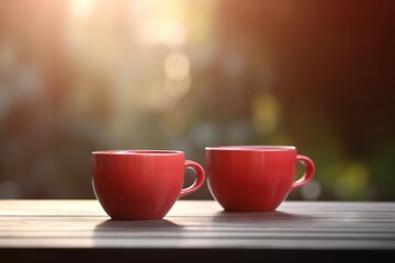  two red cups sitting on top of a wooden table next to each other on a wooden table with sunlight streaming through the background of the two cups.  generative ai
