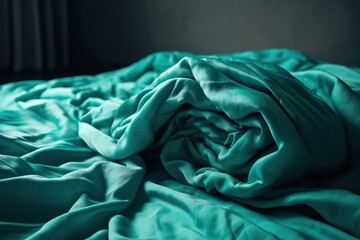  a bed covered in a teal colored comforter with a blanket on top of it and a window in the back ground behind it.  generative ai
