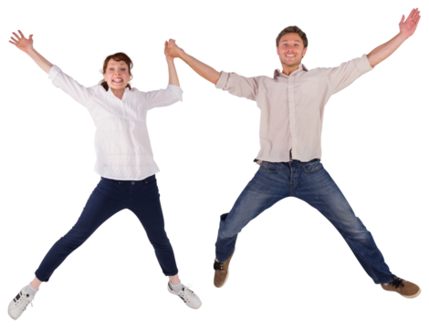Couple jumping and holding hands