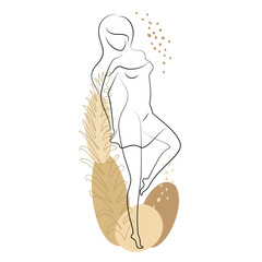 Silhouette of a woman in a modern continuous line style. The girl is slim and beautiful. Lady suitable for aesthetic decor, posters, stickers, logo. Vector illustration