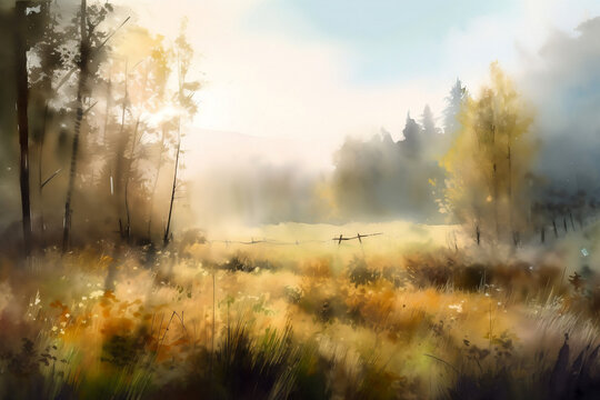 Meadow in the forest in the morning. Seasonal spring background. Generative AI.