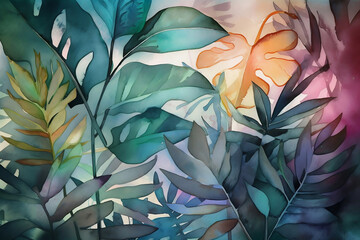 Artistic watercolor of dreamy tropical leaves background, wallpaper, generative ai