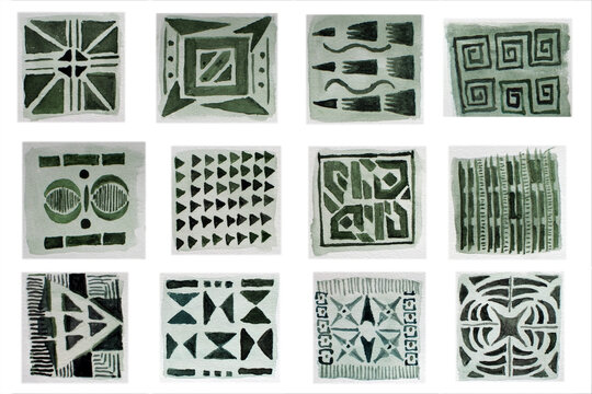 Geometric ornaments of irregular shape. Primitive monochrome patterns. in the style of ancient Mesopotamia.