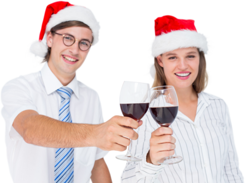 Happy geeky hipster couple drinking red wine