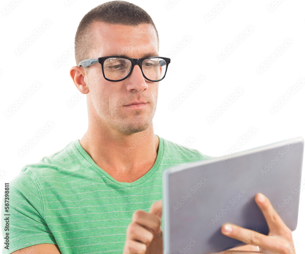 Aufkleber Man wearing glasses while using tablet computer