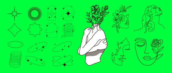 Y2k object pack. Retro futuristic set. Modern object, surreal geometric shapes, sculpture and perspective grids. Abstract vector illustration in trendy psychedelic techno style. Vector illustration