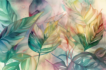Artistic watercolor of dreamy tropical leaves background, wallpaper, generative ai