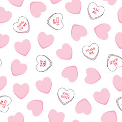 Sweet heart pink candy seamless pattern. Cute weetheart candies for valentines day