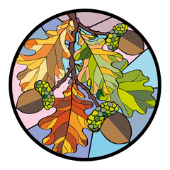 Decorative stained glass window made of oak leaves in the style of application, batik, element of decor, design, postcards, poster, wallpaper, postcard, textile, fabric, wrapper, packaging