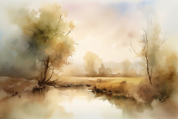 Watercolor painting with a rural view in the morning, generative ai