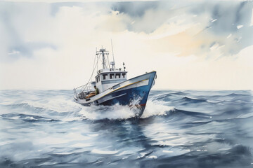 Watercolor of dreamy marine, cutter boat sailing on the sea, generative ai