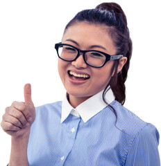 Smiling Asian businesswoman showing thumb up