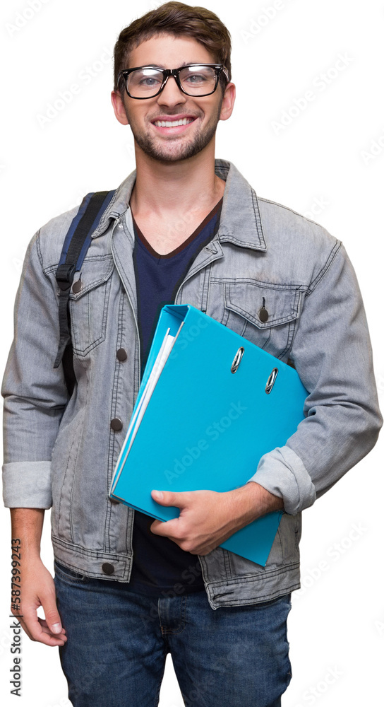 Poster student smiling at camera in library
