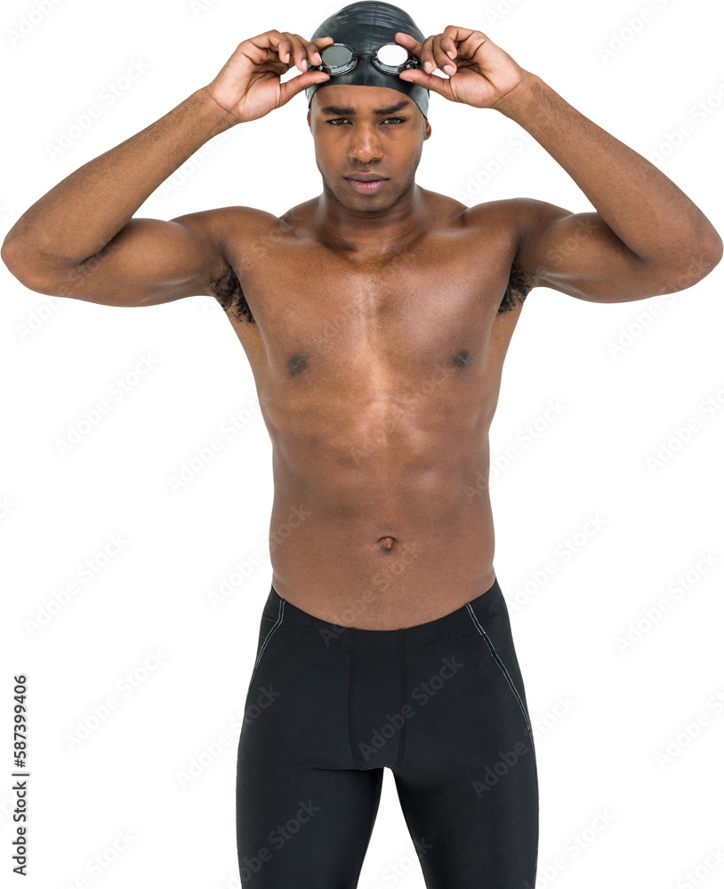 Poster Swimmer holding goggles