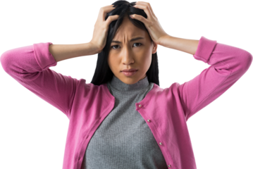 Depressed woman standing against white background