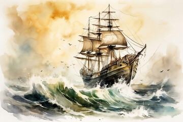 Watercolor old big ship at sea during storm, generative ai