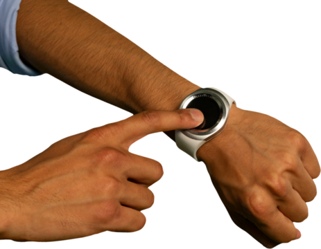 Mid-section of man using smartwatch