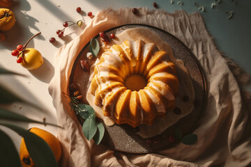 Christmas holiday baking concept with bundt cake, recipe menu, top view, generative ai