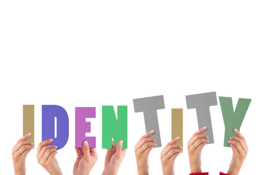 Colorful alphabet spelling identity held up by people 