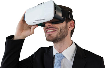 Naklejka premium Smiling businessman holding vr glasses