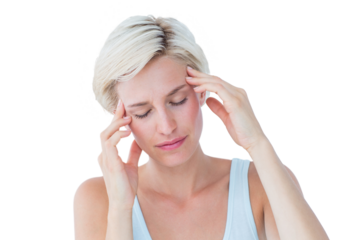 Pretty blonde with headache touching her temples