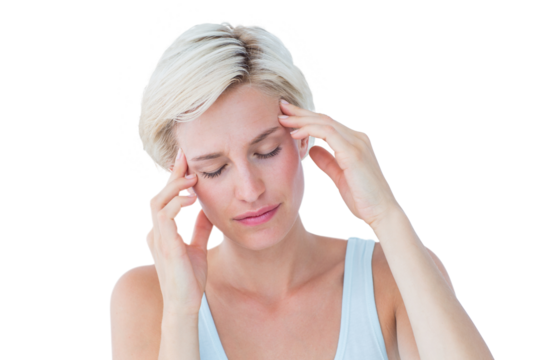 Pretty blonde with headache touching her temples - Powered by Adobe