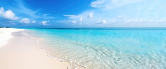 Fototapeta na wymiar Beautiful sand and blue sea water ocean view in summertime vacations banner Generative AI Illustration