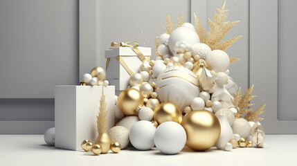 3d render, white and gold Christmas background. Generative Ai