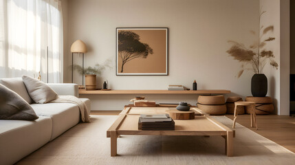 living room interior in scandi Japanese style, created with generative AI