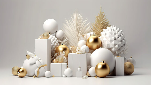3d render, white and gold Christmas background. Generative Ai