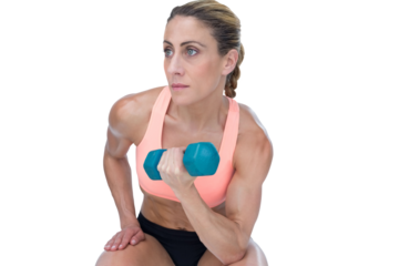 Strong woman doing bicep curl with blue dumbbell