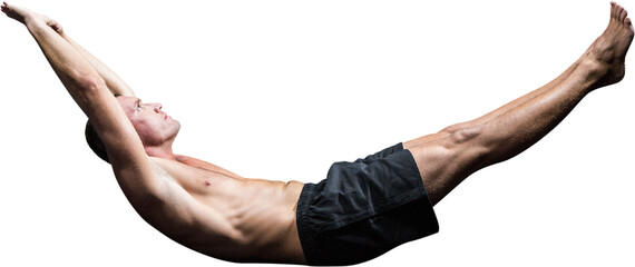 Shirtless athlete in mid air