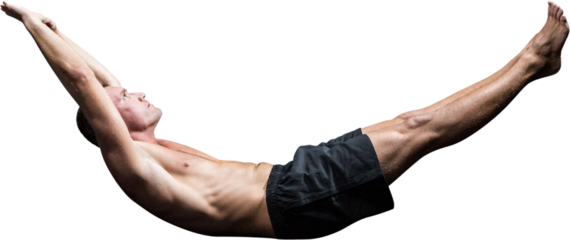 Shirtless athlete in mid air