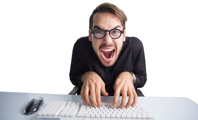 Excited businessman typing on keyboard 