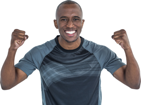 Portrait of rugby player cheering after success in game