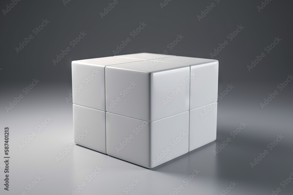 Poster a white cube is shown on a gray surface with a shadow on the floor and a gray background behind it, 