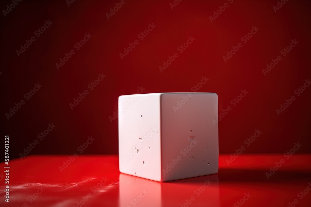 Poster a white cube sitting on top of a red table next to a red wall and a red floor with a red wall in the