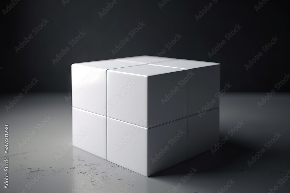 Poster a white cube sitting on top of a table next to a black wall and a white floor with a light on top of