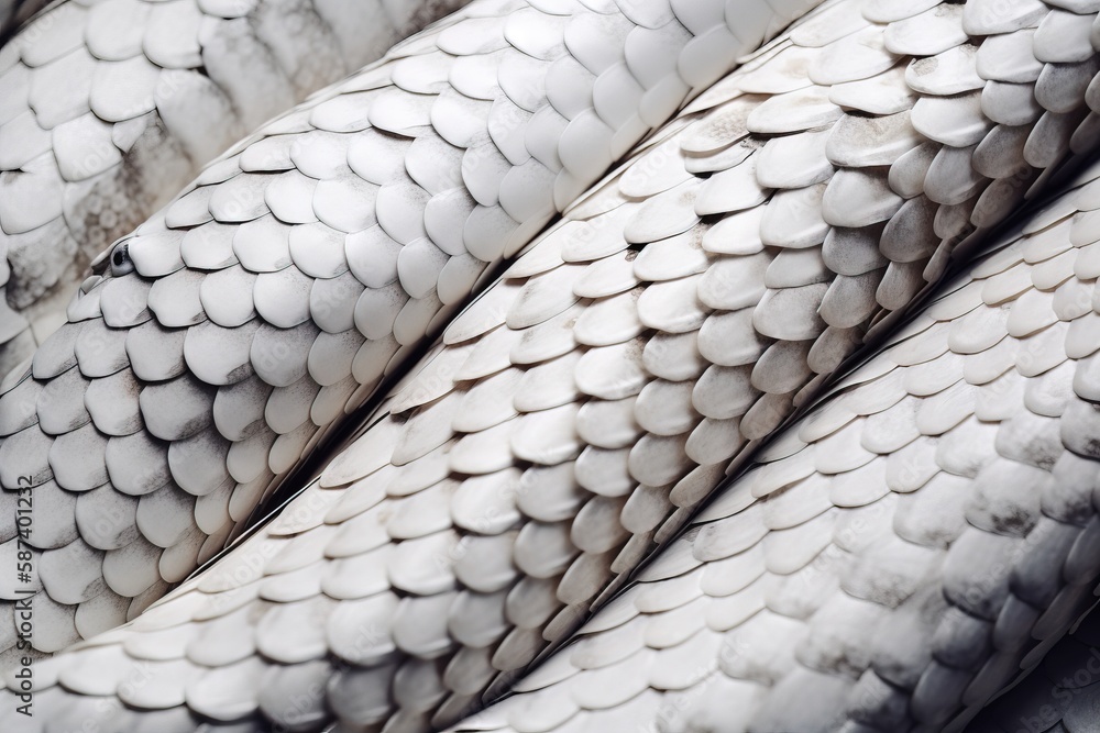 Poster a close up of a white snake skin textured with white circles on it's back end and a black and white 