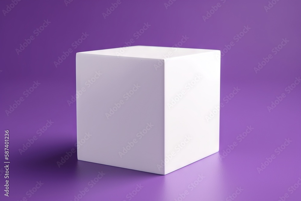 Poster a white square box on a purple background with a shadow on the floor and a shadow on the floor below